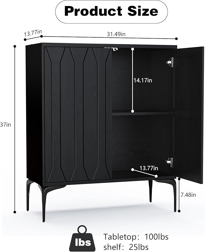 3More Accent Cabinet with 2 Doors,Sideboard Buffet Cabinet with Iron Legs and Adjustable Shelf,3D Lattice Design for Living Room, Entrance, Dining Room,Black