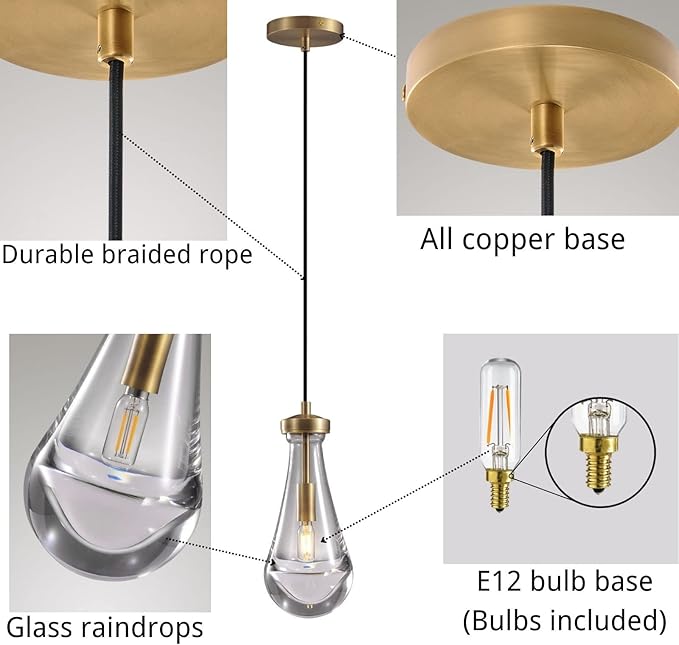 Raindrop Pendant Light Fixtures, Brass Glass Pendant Lighting, Teardrops Pendant Lights Kitchen Island, Indoor Pendant Light for Kitchen Island Bedroom Bathroom, Included Bulb