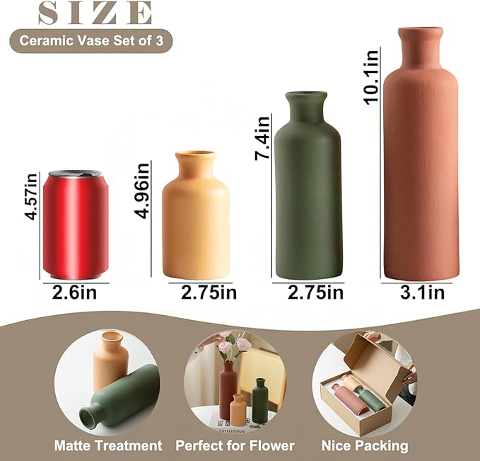 Modern Ceramic Vase Set of 3, Neutral Colors, Decorative Bottles for Home, Farmhouse Rustic Decor (Green Mix)