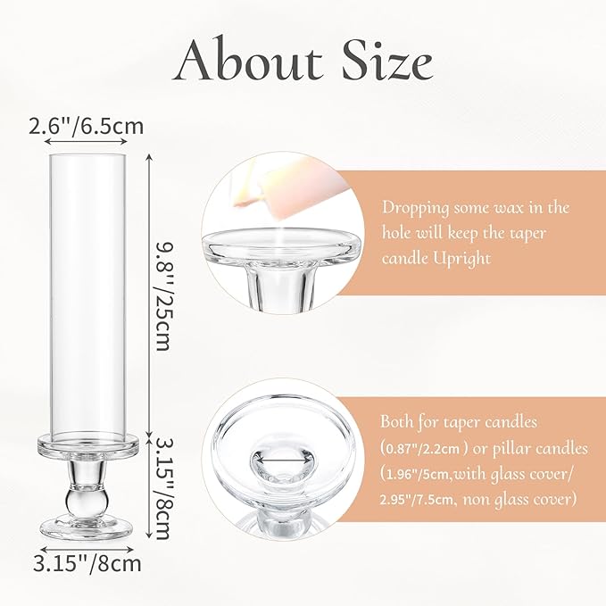 Hurricane Glass Taper Candle Holder: 10pc Tall Hurricane Candle Holders for Home, Clear Tapered Candlestick Holders with Open Ended Glass Sleeve Candle Stick Holders for Table Centerpieces