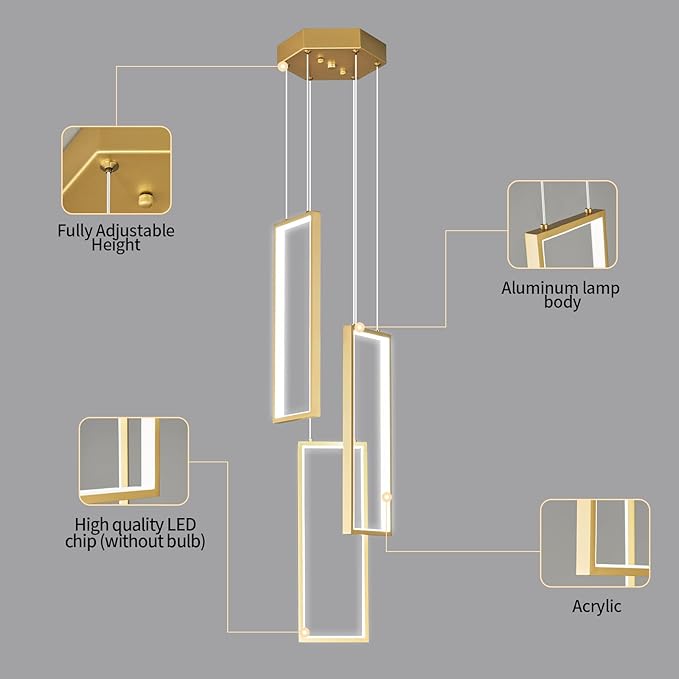 Modern Kitchen Pendant Light Fixture Gold 40W LED Pendant Light 3 Rings Rectangle Chandelier Pendant Lighting for Kitchen Island Living Room Dining Room Bedroom
