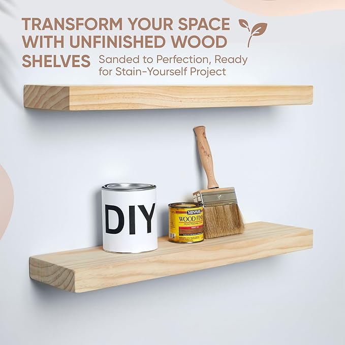 Homeforia 24 inch Wood Floating Shelves, High End Solid Natural Wood 24inch Floating Shelf for Wall, Unfinished Wooden 24 inches Floating Shelves, Heavy Duty Bracket, 24 X 6.5 X 1.75 in, Set of 3