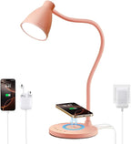 BOHON Cute Desk Lamp with USB C+A Charging Ports, Wireless Charger Pink Lamp, 5 Colors Stepless Dimming Reading Light, Touch Bedside Table Lamp, LED Desk Light for Home Office College Dorm Room Pink