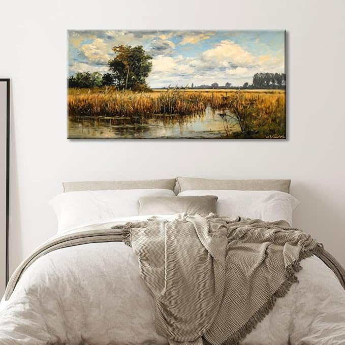 LASMOND Beautiful Wilderness Meadow Canvas Wall Art Oil Painting Reproduction Print Vintage Wildflower Field Scenery Countryside Landscape Tree Rustic Retro Decor Artwork Country Farmhouse Living Room 24x48 Inches