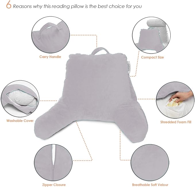 Nestl Reading Pillow for Kids, Small Bed Pillow, Back Pillow for Sitting in Bed, Memory Foam Chair Pillow, Reading & Bed Rest Pillows, Grey Lavender Back Pillow for Bed, Arm Pillow with Pockets
