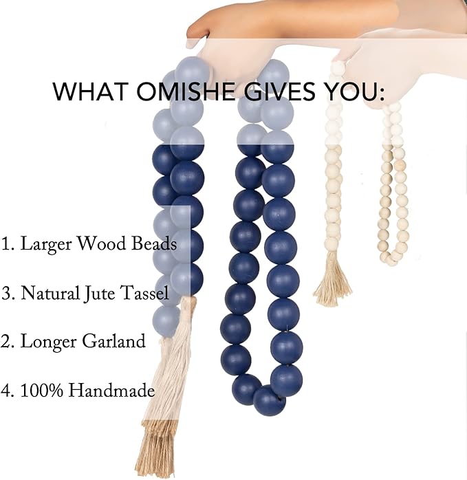 OMISHE 76" Long Extra Large Wood Bead Garland Navy Blue with 1.6" Diameter Wooden Beads and Tassels, Rustic Farmhouse Country Decorative Beads for Home Decor Tiered Tray Decor, Navy Blue