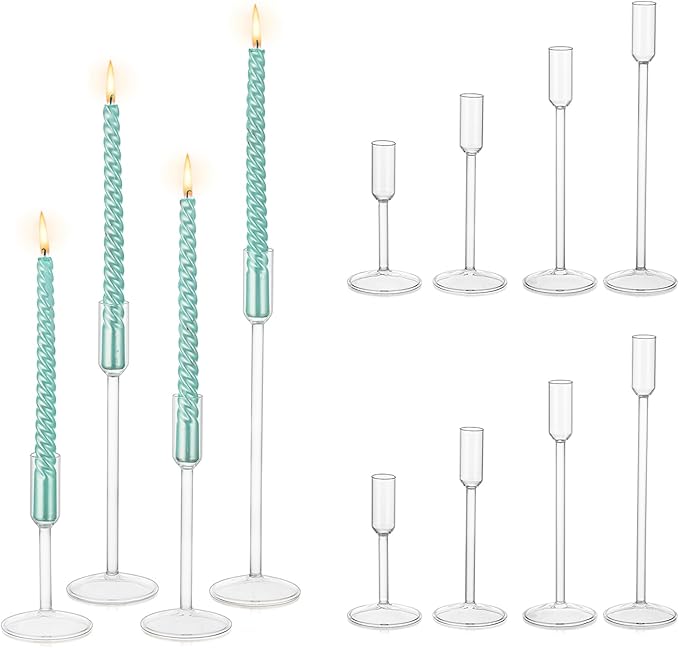 Hewory Glass Taper Candlestick Holders: Taper Candle Holders 12Pcs Glass Candle Stick Candle Holder, Clear Tall Candle Holders for Dinner Table Centerpiece Wedding Christmas Holiday Party Decorations