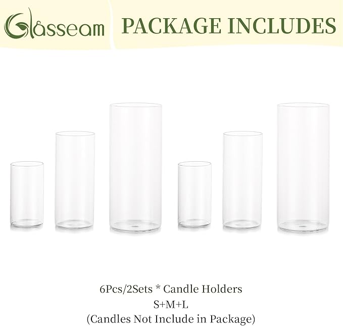 Glasseam Glass Hurricane Candle Holder Set of 6, Cylinder Candle Holders for Table Centerpiece, Modern Cylinder Vases for Centerpieces, Glass Candle Cylinders Clear Candle Vase Decorative for Wedding