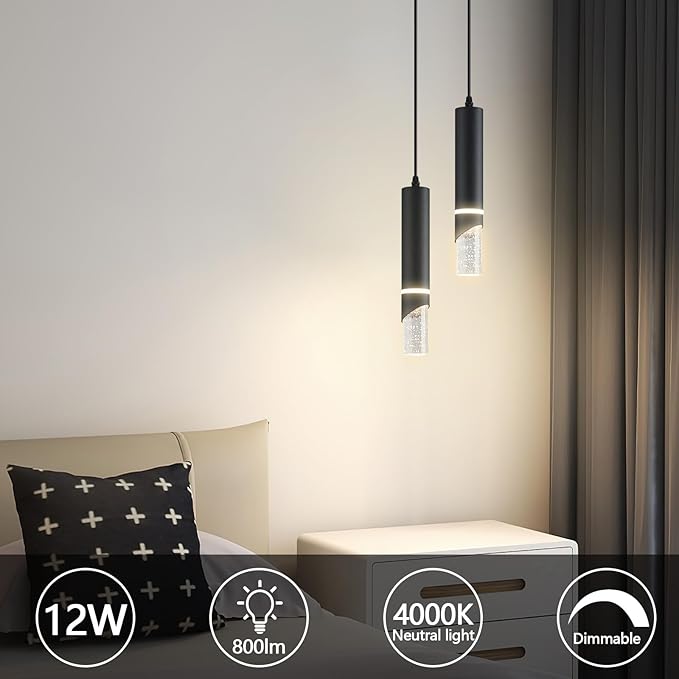 Modern Dimmable Led Pendant Lights Kitchen Island, Ideal for Living Room, Bedroom,Sink 12w LED Crystal Energy-Saving Hanging Lamp for Cozy Lighting (Black 2 Light)