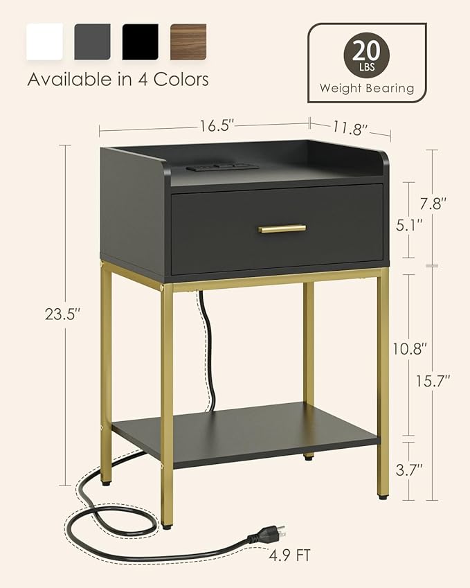 Masupu Nightstand with Charging Station,3-Tier Modern Bedside Night Stand with Storage Drawer and Shelf,Small End Side Table for Bedroom,Living Room,Gold and Black