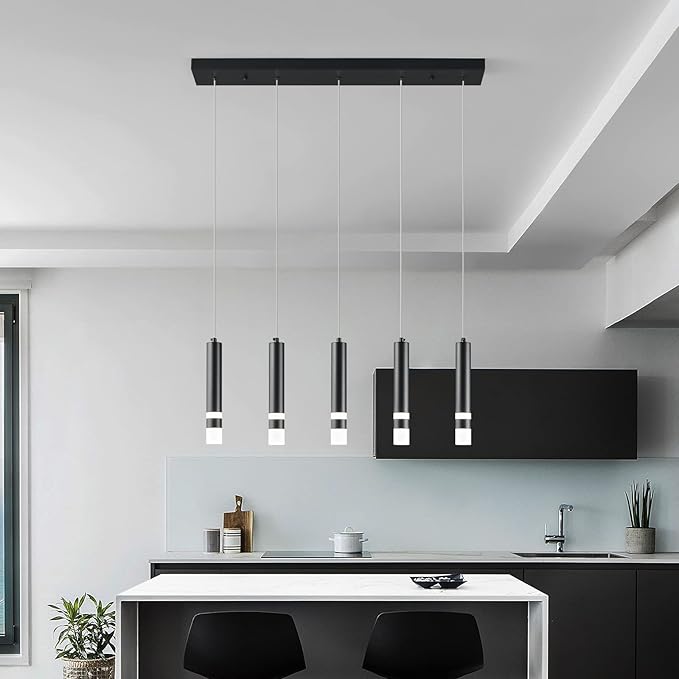 5-Light Dining Room Modern Pendant Light Kitchen Fixture Dimmable LED Black Mini Pendant Lighting fo Kitchen Island Study Pendant Lights