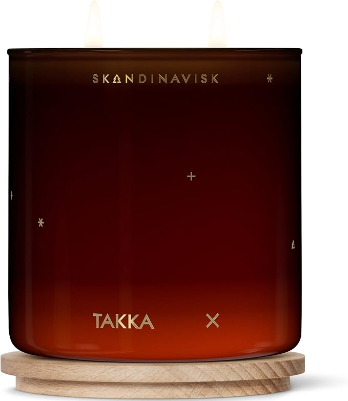 Skandinavisk TAKKA 'Fireplace' Scented Candle with 2 Wicks. Fragrance Notes: Hacked Pine, Haysmoke and Raw Wool. Masculine Scent. 14.1 oz.