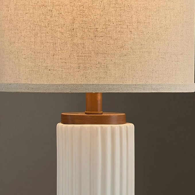 White Ceramic Table Lamp 3 Way Dimmable Nightstand Pottery Lamp Set of 2 with Oatmeal Shade 25" Modern Bedside Desk Lamp with USB A+C for Living Room Bedroom Farmhouse Dining Room Enterway