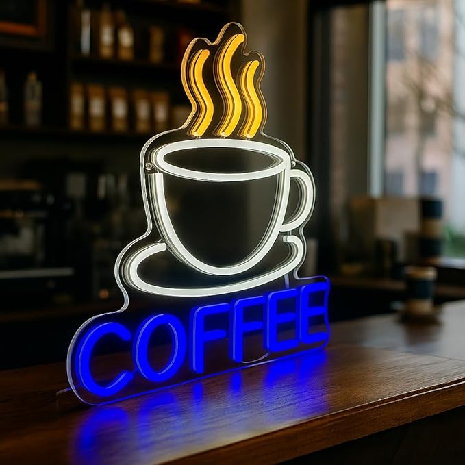 COFFEE Neon Sign in Yellow, White & Blue for Coffee Shops & Restaurants – Vibrant Multicolor LED Wall Light – Eye-Catching Decor for Cafés and Beverage Counters (Blue, Yellow, White)