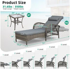 VIVIJASON 3 Pieces Outdoor Wicker Chaise Lounge Chair Set, All-Weather PE Rattan Cushioned Patio Lounger Set of 2 with Side Table, Adjustable Pool Sunbathing Recliner with Armrest & Pillow, Gray