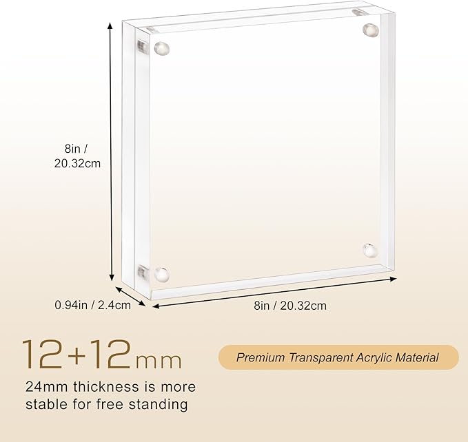 Acrylic Picture Frame 8x8, Clear Double Sided Frameless Photo Frame with Magnetic, Free Standing Desktop Acrylic Frame Display, Lucite Frame with Gift Box Package, 12+12mm Thickness - 1 Pack