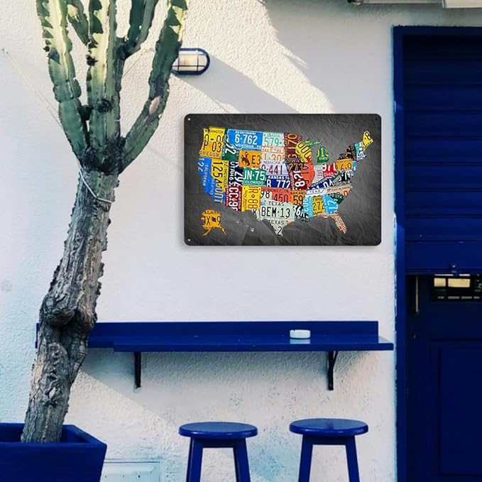 Funny Metal Tin Sign Vintage Usa Map License Plate Sign Garage Decor Map Poster License Plate Map Of The United States Usa Signs Garage Bar Home Office License Plate Decor