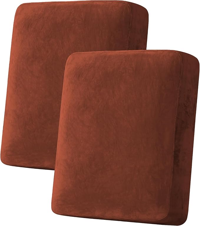 H.VERSAILTEX Velvet Stretch Couch Cushion Cover Plush Cushion Slipcover for Chair Loveseat Sofa Cushion Furniture Protector Seat Cushion Sofa Cover (2 Piece Medium Sofa Cushion Covers, Rust)