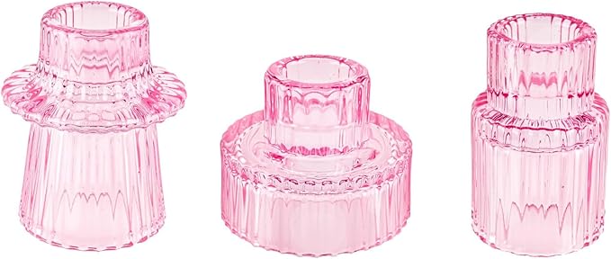Double Sided Vintage Ribbed Taper Glass Candle Holders,Tea Candle Holder for Table Centerpieces, Wedding Decorations and Dinner Parties (Pink, 3 PCS)