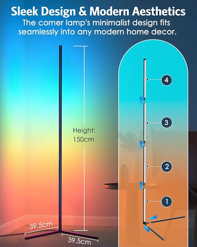 Upgraded Floor Lamp, 64.5''RGB LED Corner Lamp with App & Remote Control, 16 Million Colors & 300+ Scene, Standing Lamp with Music Sync for Living Room, Gaming Room，Bedroom