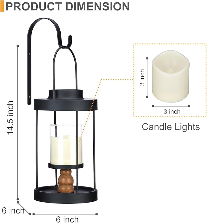 Metal Wall Sconce Candle Lantern Set of 2 - Black Wall Mounted Wood and Metal Hanging Holder with Glass & Candles Vintage Wall Decor for Porch, Living Room, Dining Room, Bedroom Indoor Decor