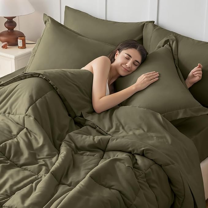 JOLLYVOGUE Full Comforter Set, Ultra-Soft Bed in a Bag Full Size 7 Pieces, Oeko-TEX Certified Bedding Set with Down Alternative Comforter, Sheets, Pillowcases & Shams, Olive Green