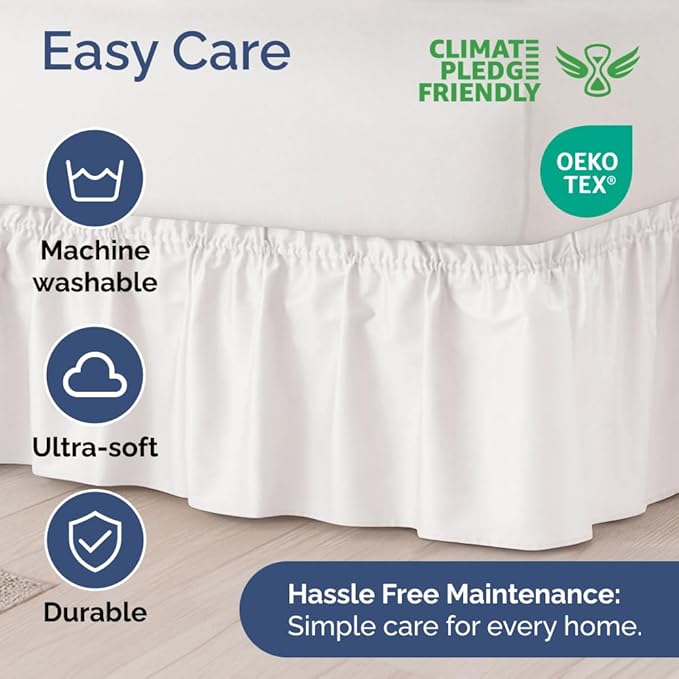 Wrap Around Dust Ruffle Bed Skirt - Antique White - for Full Size Beds w/ 12 Inch Drop - Easy Fit Elastic Strap - Adjustable Pleated Bedskirt w/Brushed Fabric, Wrinkle Free Women, Men, Kids & Teens