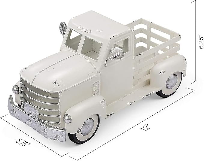 Metal Truck Decor,Farmhouse Truck Decor,Decorative Tabletop Storage & Pick-up Metal Truck Planter, 12.5" x 5.75" x 6.25" inches (White)