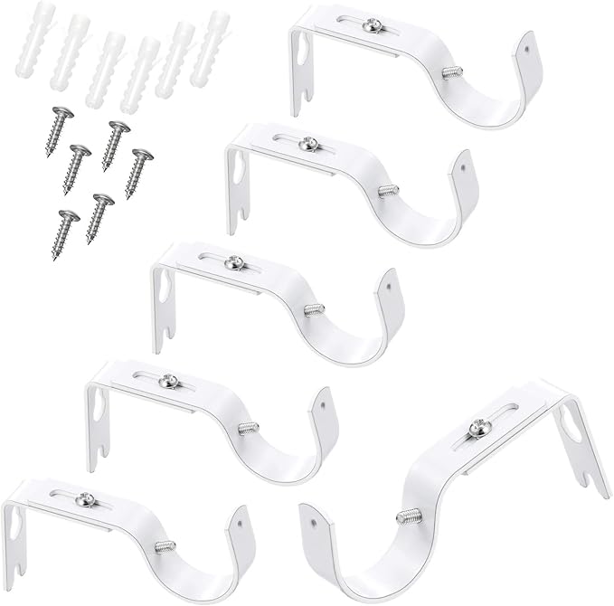 Frienda 6 Pcs Curtain Rod Brackets Adjustable Holder Wall for 1 Inch Diameter Curtain Rod General Bracket Hooks with Screws (White)