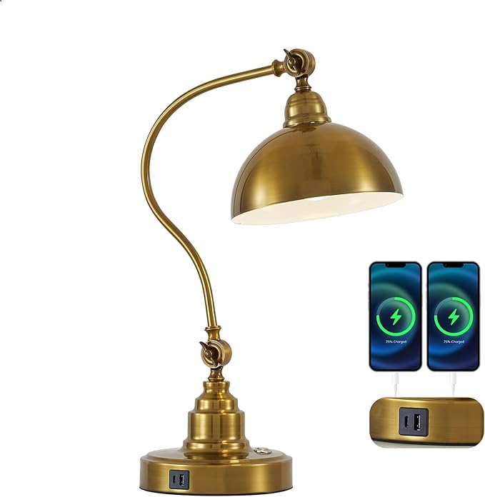 Vintage Gold Desk Lamp Decorative Table Lamp for Home Office Living Room Bedroom Desk Light, Rustic Industrial Farmhouse Antique Library Study Desk Lamp E26 LED Bulb Included