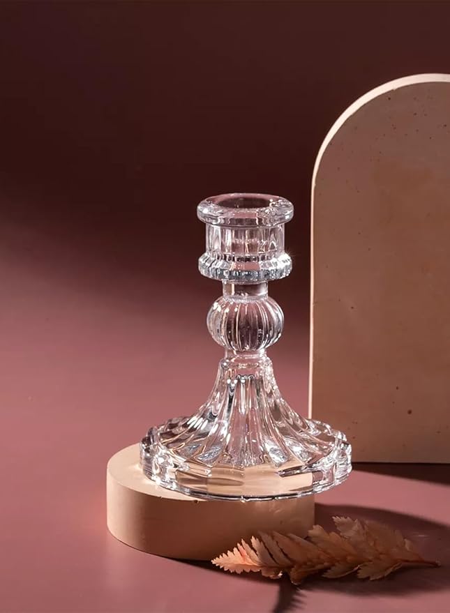 6 Pack Glass Taper Candlestick Holders, Clear Candlestick Holders, 4" H Stripe Crystal Candle Holders Decorative Candle Stand Centerpiece for Wedding, Festival, Dinning Party Table Decor