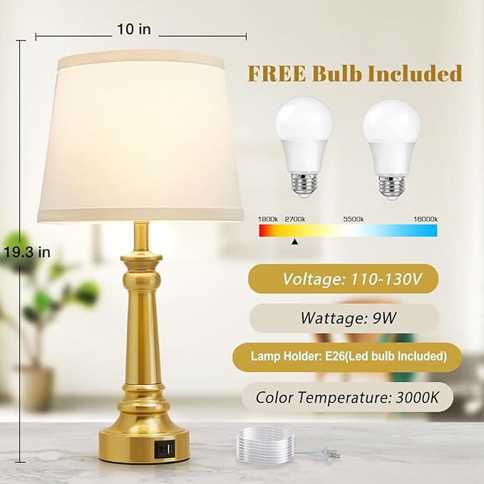 Touch Lamps for Nightstand Set of 2 - Gold Table Lamp for Bedroom 3 Way Dimmable Bedside Lamps with USB C+A Ports - Lamps for Night Stands Living Room End Table,2 LED Bulbs Included