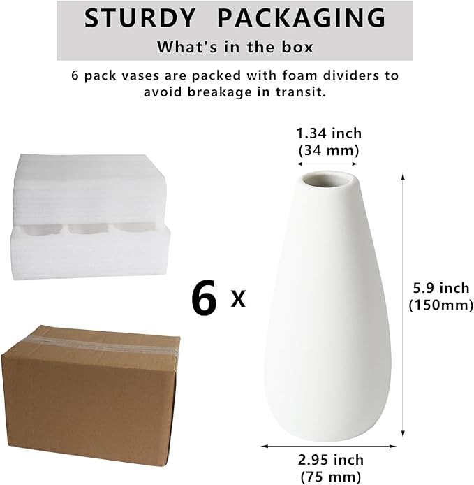 YANLING 6 Pcs White Ceramic Vases for Home Decor, 6 Inch Modern Centerpieces, Small Boho for Pampas Grass, Table Vase for Dried Flowers