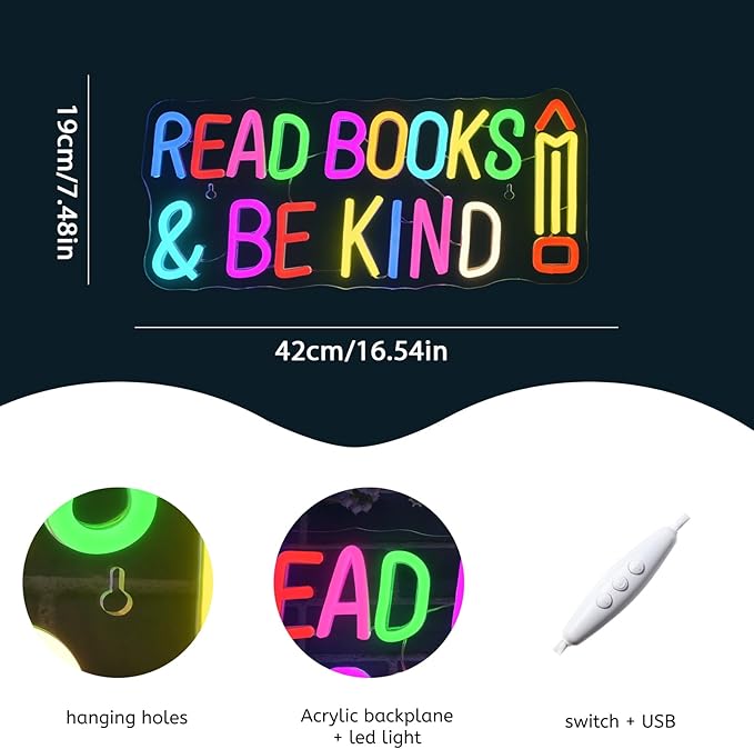 WLHOPE Read Books Be Kind Neon Sign Neon Signs for Wall Decor Dimmable Read Books Neon Lights LED Sign for Book Lovers Gifts Bedroom Bookstore Reading Room Library Study Room Decoration
