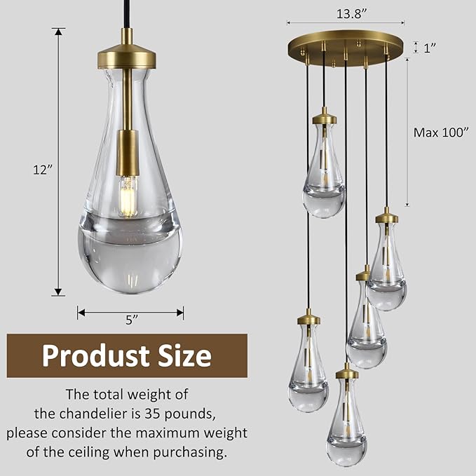 Raindrop 5 Light Cluster Pendant Light, Brass High Ceiling Chandeliers Adjustable, Living Room Pendant Light, Foyer Chandeliers, Stairwell Pendant Lights,E12 Including Bulb