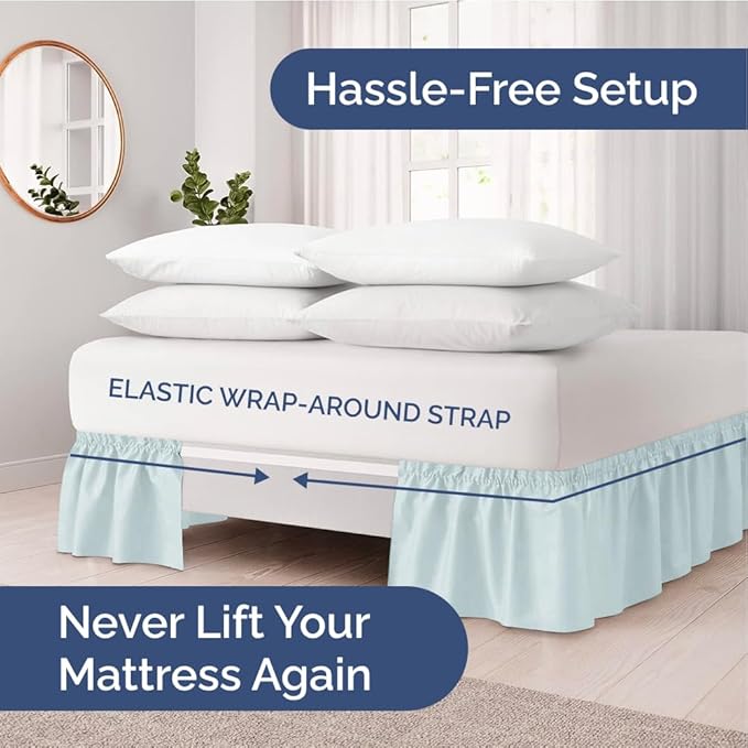 Wrap Around Dust Ruffle Bed Skirt - Ice Blue - Twin/Twin XL Size Beds w/ 12 Inch Drop - Easy Fit Elastic Strap - Adjustable Pleated Bedskirt w/Brushed Fabric - Wrinkle Free - Women, Men, Kids & Teens