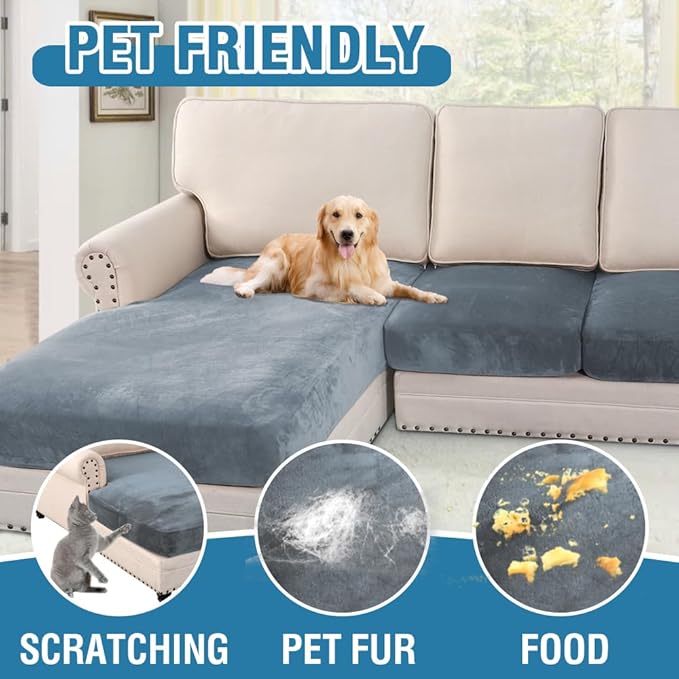 H.VERSAILTEX Velvet Stretch Sectional Couch Covers - 4 Piece Sofa Seat Cushion Set - L Shape Separate Cushion - Both Left/Right Couch Chaise Cover - Large Sofa 3 Seater + 1 Chaise, Stone Blue