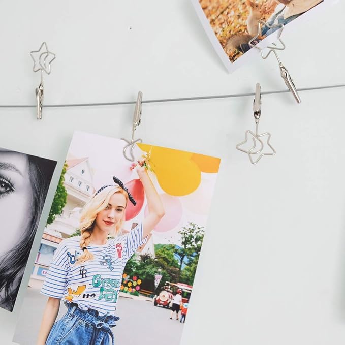 TFu Wall Hanging Photo Display, DIY Picture Photo Frame String with 12 Clips for Hanging Photos Notes and Artworks (Moon & Star)