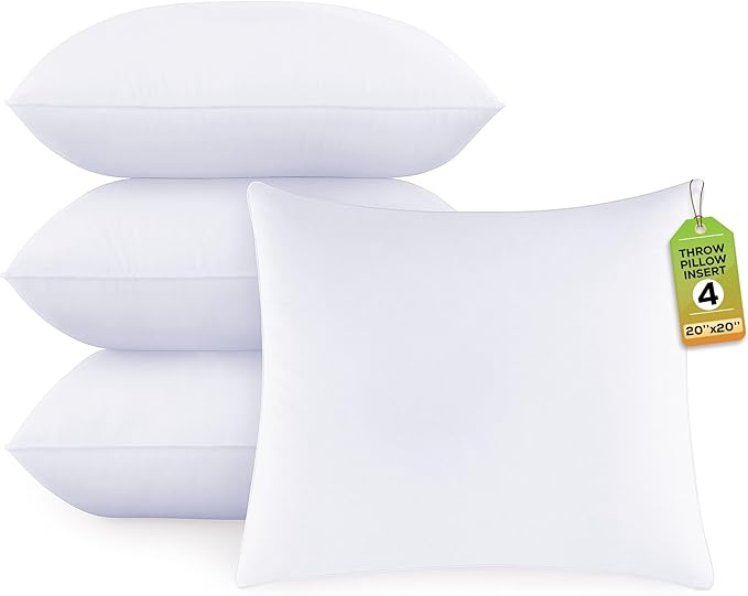 GOLD TEXTILES White Throw Pillows Insert (Pack of 4) Polyester Sham Stuffer Throw Pillow - Lightweight Square Indoor Decorative Pillows - Bed and Cushion Couch Pillows (4, 20 x 20)