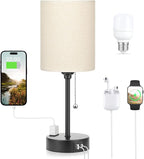 Beige Small Lamps 3 Levels Brightness - 3000K 4000K 5000K Bedside Lamps with USB C and A Ports, Pull Chain Table Lamps with AC Outlet, Nightstand Lamps with Black Metal Base for Bedroom Kids Reading