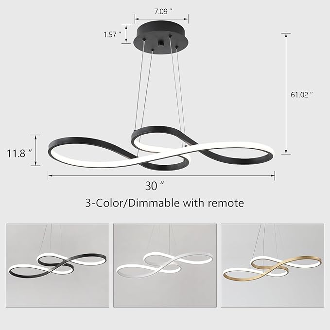 Q&S Modern LED Chandelier,Black Dining Room Chandeliers with Remote Dimmable Light Fixture for Living Room Bar Game Room Restaurant Hotel Office L30 in