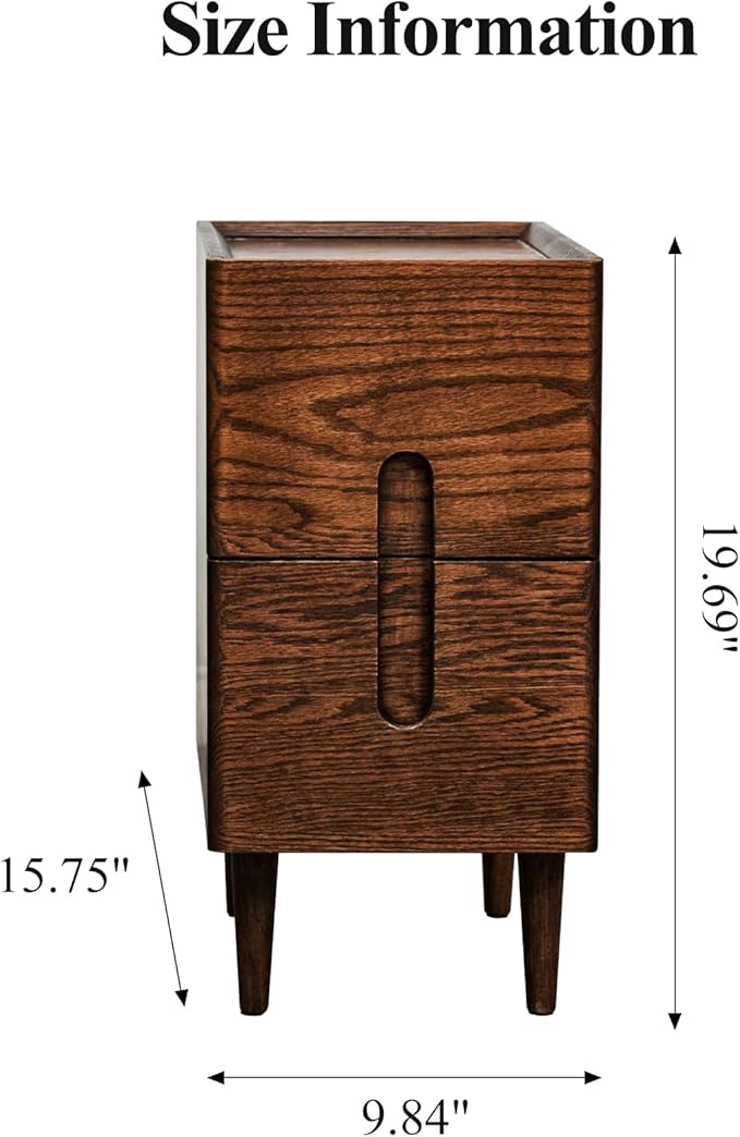 Mid Century Modern Nightstand, Narrow Nightstand, Minimalist Side Table for Bedroom, 2-Drawer Bedside Tables (Walnut, 9.84inches)