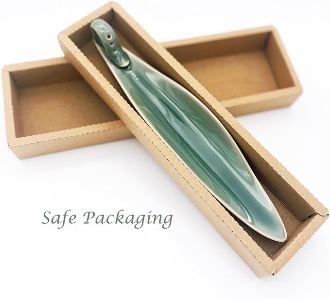 9" Length Incense Stick Holder with 3 Holes, White Porcelain Incense Tray Ash Cather for Spa, Meditation Room, Yoga, Home, Office (Green)