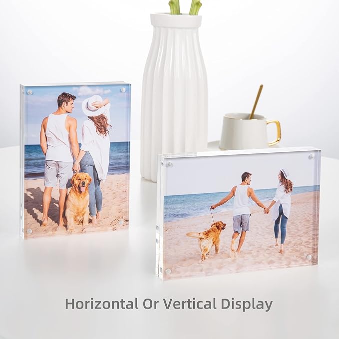 Acrylic Picture Frame , Clear Freestanding Double Sided 20mm Thickness Frameless Magnetic Photo Frames Desktop Display with Gift Box Package (4x6 4 pack)