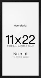 Homeforia 11x22 Black Wood Frame, High End Oak 11 x 22 Newspaper Display Frames without Mat, Wooden 22x11 Thin Picture Frames for Wall, 11 by 22 Black Poster Frames, Tempered Glass, Wall Kit, Set of 1