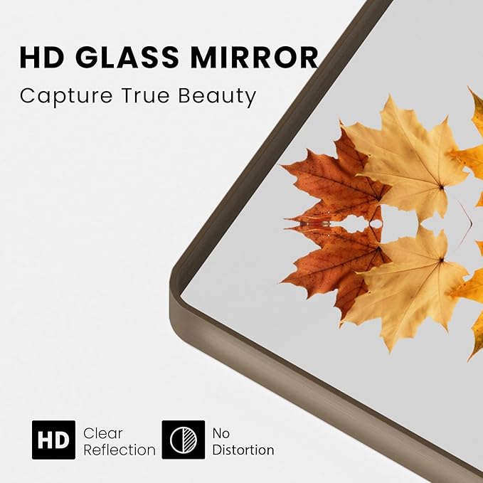 Bronze Bathroom Mirror 48x32 Inch, Brushed Bronze Metal Frame Mirror for Wall, Rounded Rectangle Bathroom Vanity Mirror with Tempered Glass, Anti-Rust, Horizontal/Vertical