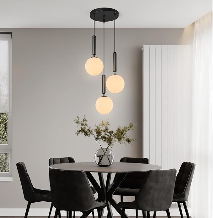 Modern Black Pendant Light Hanging Fixture Light for Kitchen Island Mid Century with Globe Pendant Light Milk White Glass Pendant Lighting for Living Room Bedroom Entryway (3 Lights)