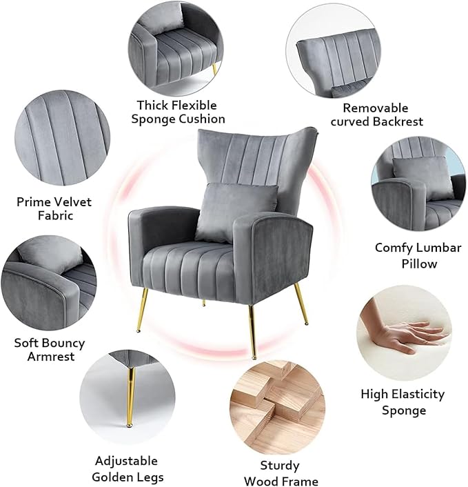 X-VOLSPORT Velvet Accent Chair, Mid Century Modern High Back Living Room Chair with Waist Pillow, Upholstered Arm Chair with Metal Gold Legs for Bedroom, Club, Grey