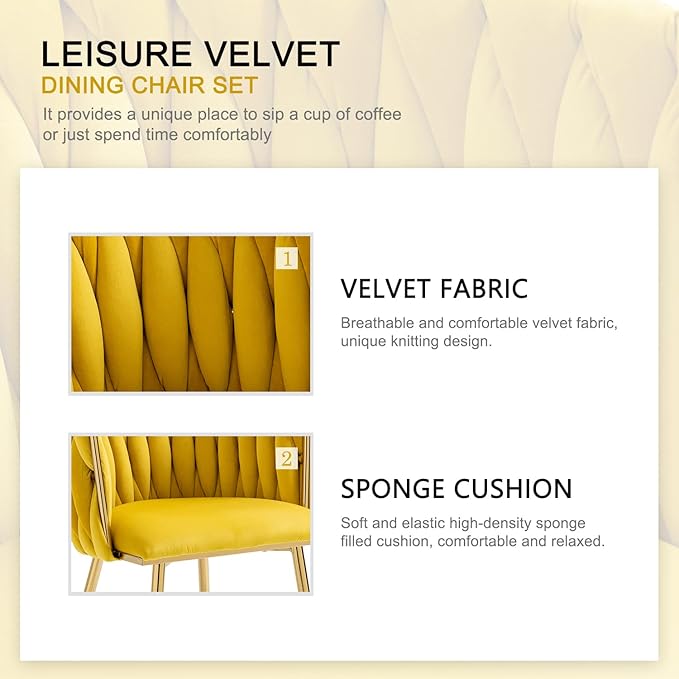 Nrizc Woven Dining Chairs Set of 6, Velvet Upholstered Dining Chairs with Gold Metal Legs, Modern Accent Chairs for Living Room, Dining Room, Kitchen (Yellow)