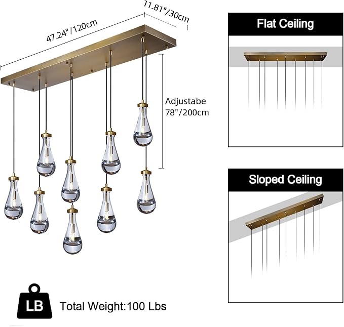 Raindrop 9-Light Chandeliers for Dining Room, Brass Teardrop Pendant Lights, Gold Living Room Lights Fixture, Modrn Pendant Light Kitchen Island, Adjustable Rope Hanging Lamp Ceiling for Living Room